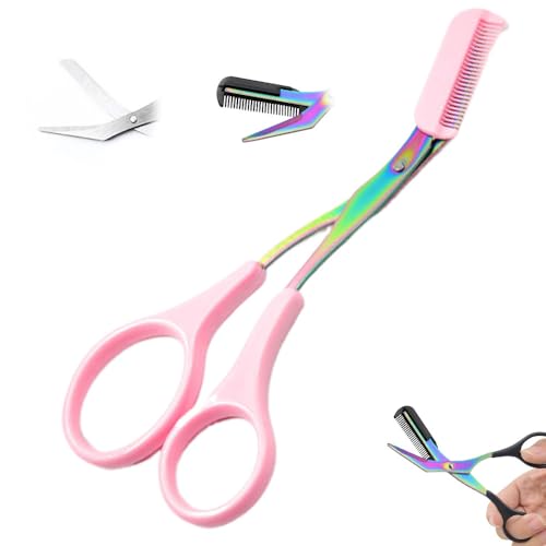 Eyebrow Trimmer Scissor, Stainless Steel 2 in 1 Eyebrow Scissors with Comb, Non-Slip Professional Eyebrow Trimmer Eyebrow Scissor Makeup Tool for Wome Men (Pink)