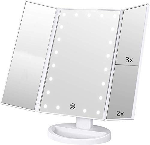 Flymiro Tri-fold Lighted Vanity Makeup Mirror with 3x/2x Magnification,21 LEDs Light and Touch Screen,180 Degree Free Rotation Countertop Cosmetic Mirror,Travel (White)