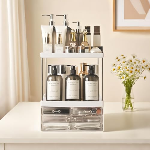 Bathroom Organizers and Storage, 5-Tier 4-Drawer Makeup Organizer Countertop, Multi-Purpose Large Makeup Vanity Organizer, Hair Product, Perfume & Skincare Storage, White