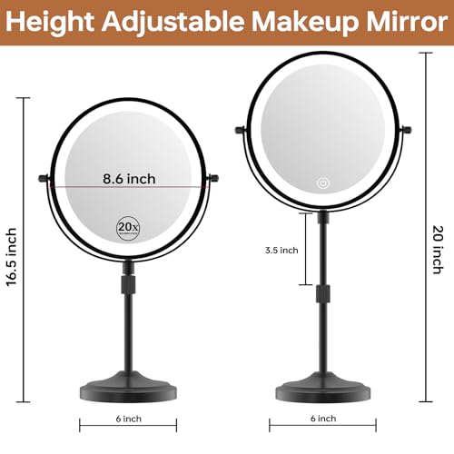 9" Magnifying Mirror with Lights 20X, Height Adjustable Lighted Makeup Mirror with Magnification, 5000mAh Rechargeable Battery, Dimmable, 3 Lighting Colors, Black