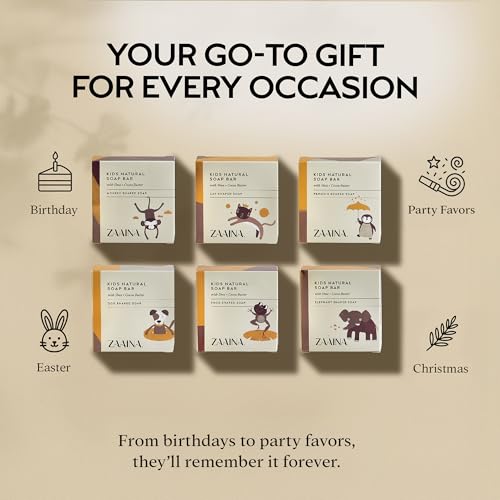 ZAAINA Kids Soap Bar (Set of 6) ? Unique Natural Animal Shaped Soaps for Children ? Gentle Bath Soap for Sensitive Skin ? Fun Gift for Kids ? Birthday, Bath Time ? Handmade in USA