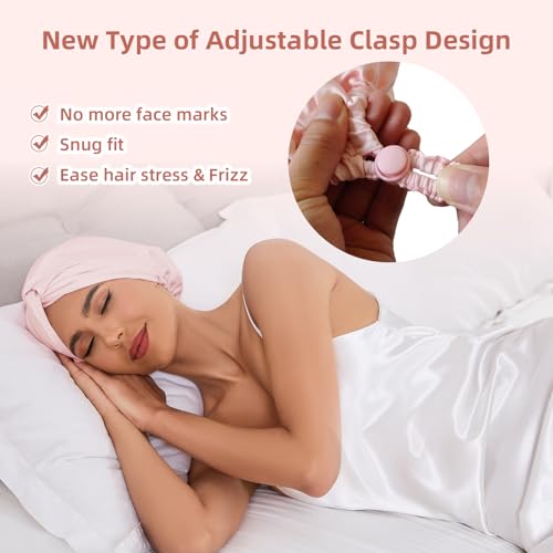 Baqzqudnl Adjustable Silk Satin Hair Bonnet for Sleeping Women, Double Layer, Silk Hair Wrap for Sleeping Women Men, Curly Natural Braid Straight Unisex - Pink