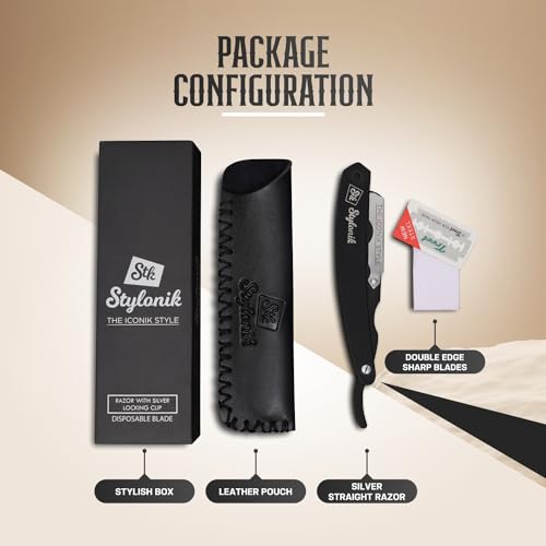 Professional Straight Edge Barber Razor ? 60 Single/30 Double-Sided Stainless Steel Blades for Men & Women, with Leather Case (Silver)