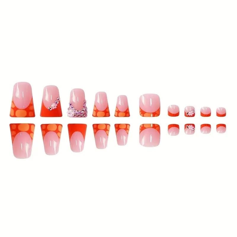 48Pcs Orange Press on Nails French Tip Press on Toenails Set Duck Fake Nails with Rhinestone Design Flower Glue on Toe Nails Glossy Artificial Acrylic Full Cover for Women Manicure
