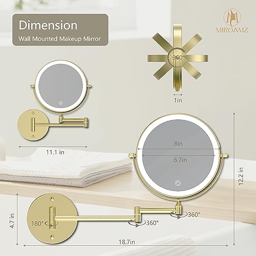 Rechargeable Wall Mounted Lighted Makeup Vanity Mirror 8 Inch Double Sided 1X 10X Magnifying Bathroom Mirror, 3 Color Lighting, Touch Screen Dimming, 360 Rotation Shaving Mirror Gold