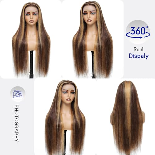 Highlight Ombre Lace Front Wig Human Hair 13x6 HD Lace Frontal Real Virgin Human Hair Wig 4/27 Colored Honey Blonde Straight Wigs Human Hair Pre Plucked Tangle-Free 200 Density 26 Inch