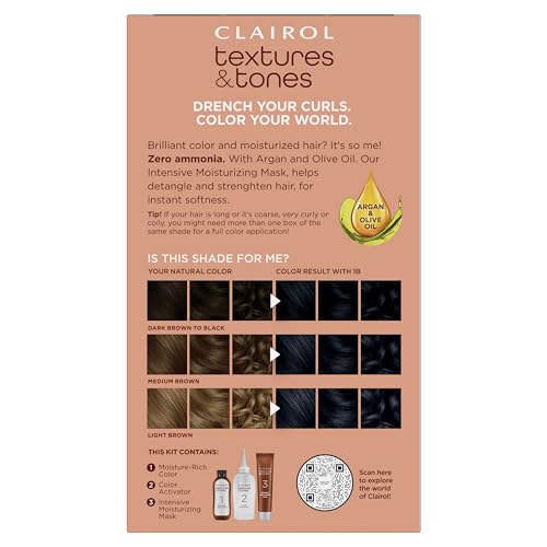 Clairol Textures & Tones Permanent Hair Dye, 1B Silken Black Hair Color, Pack of 1