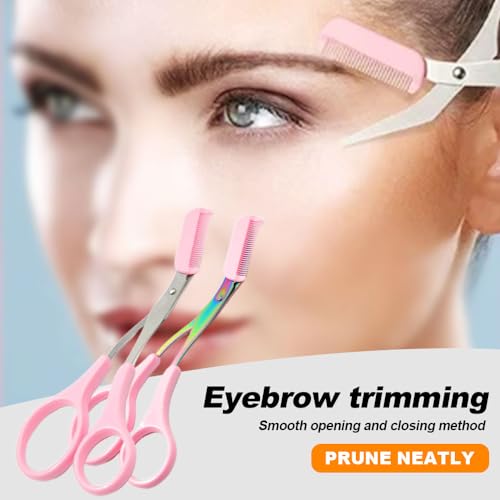 Eyebrow Trimmer Scissor, Stainless Steel 2 in 1 Eyebrow Scissors with Comb, Non-Slip Professional Eyebrow Trimmer Eyebrow Scissor Makeup Tool for Wome Men (Pink)