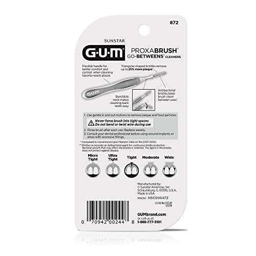 GUM Proxabrush Go-Betweens - Tight - Interdental Brushes - Soft Bristled Dental Picks for Plaque Removal Health - Safe for Braces & Dental Devices, 10ct