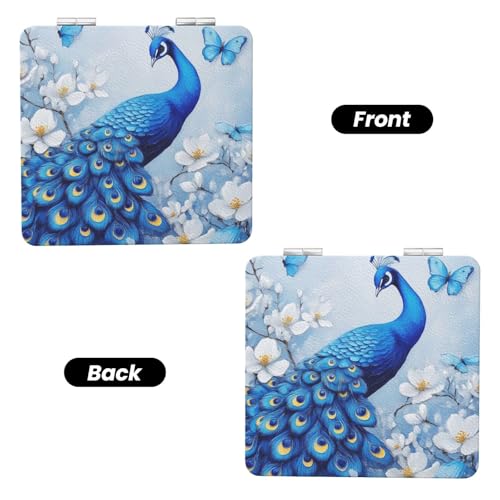 UTRSIFB Magnifying Travel Mirror, Dual-Sided Portable Square Mirror, Perfect for Makeup Skincare Routine,(Blue Peacock and White Flowers)