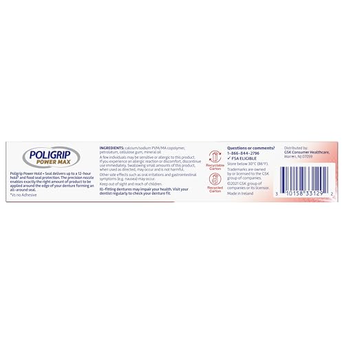 Super Poligrip Power Max Power Hold plus Seal Denture Adhesive Cream, Denture Cream for Secure Hold and Food Seal, Flavor Free - 2.2 oz