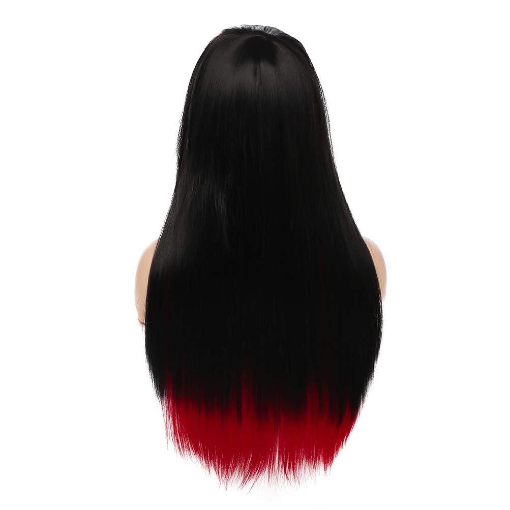Silky Straight Long Red Black Wig with Side Bangs - Heat Resistant Synthetic Hair for Halloween