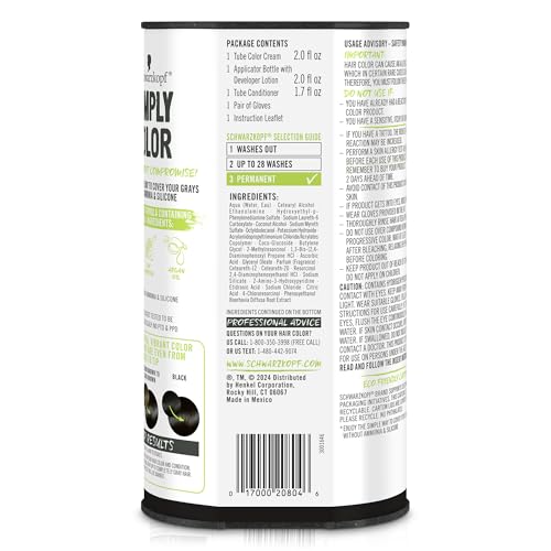 Schwarzkopf Simply Color Hair Color 1.0 Jet Black, 1 Application - Permanent Hair Dye for Healthy Looking Hair without Ammonia or Silicone, Dermatologist Tested, No PPD & PTD