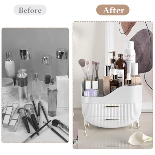 Makeup Organizer for Vanity, Large Capacity Skincare Cosmetic Organizer Countertop with 2 Drawers, Cosmetic Display Cases Makeup Storage Box for Bedroom, Bathroom, Ideal Gifts for Women(White)