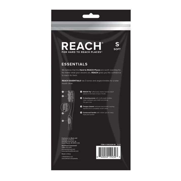 Reach Essentials Toothbrush with Toothbrush Caps, Multi-Zoned Angled Soft Bristles, Contoured Handle, Tongue Scraper, 6 Count