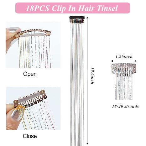 ZYXQZYX Hair Tinsel Kit Pack of 18 Pcs Hair Tinsel Clip in 19.6Inch Glitter Tinsel Hair Extensions Heat Resistant Clip in Hair Tinsel Sparkle Fairy Hair Accessories for Kids Girls Women (Pink)