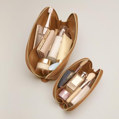 Kattee Leather Makeup Bag, Travel Cosmetic Bag Set, Toiletry Bag Organizer for Women, 1-PACK, Medium, Brown