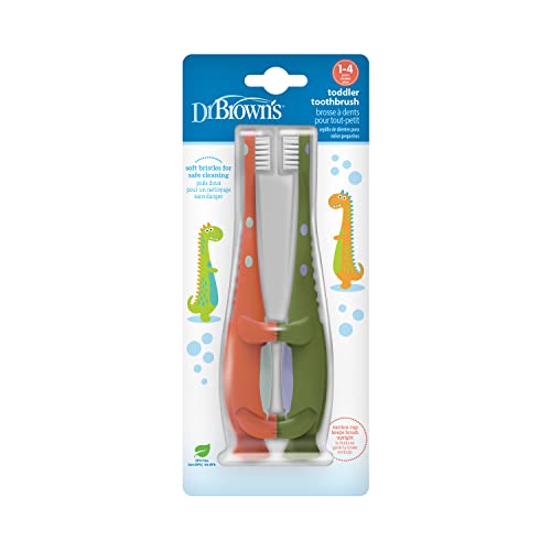 Dr. Brown's Toddler Toothbrush, Dinosaur, Green and Orange, 2-Pack