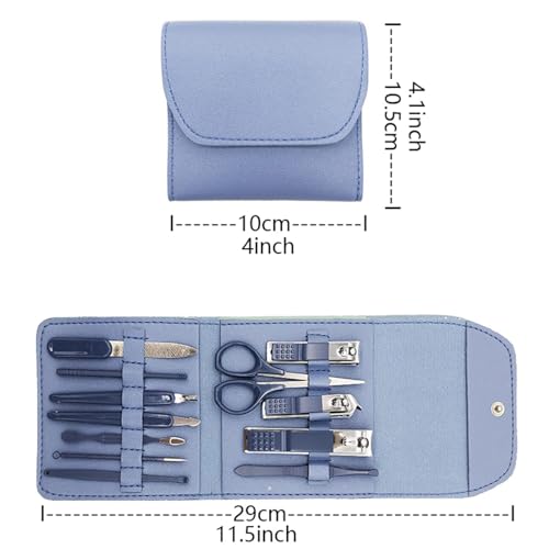 12-Piece Professional Nail Clipper Set - Stainless Steel Manicure & Pedicure Kit with Folding Case, Complete Nail Care Tools (Blue)