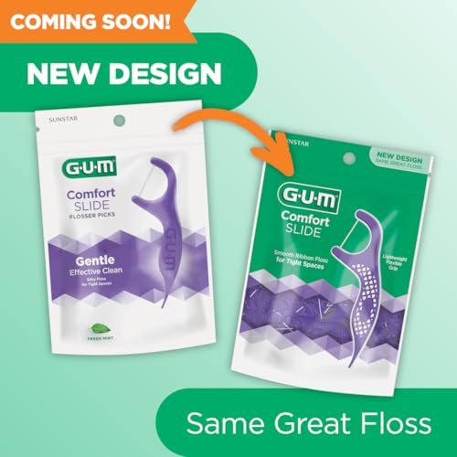 GUM Comfort Slide Floss Picks - Perfect for Tight Teeth - Extra Strong Shred-Resistant Dental Floss, Easy Grip Handle - Dental Flossers for Adults - Fresh Mint Flavor, 90 Count