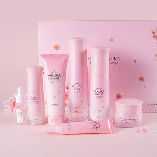 Skin Care Set JAPAN SAKURA Beauty Gift Sets Skin Care Kit with Cleanser, Toner, Lotion, Serum, Eye Cream, Face Cream, Make up Primer Travel Kit for Women Wife Mom 7pcs