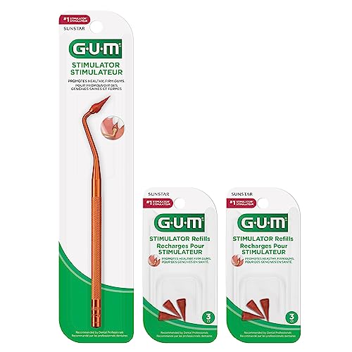 GUM Stimulator Permanent Handle - Long Handled Massager Remove Plaque & Promote Health (Handle + 2 Refill Packs)
