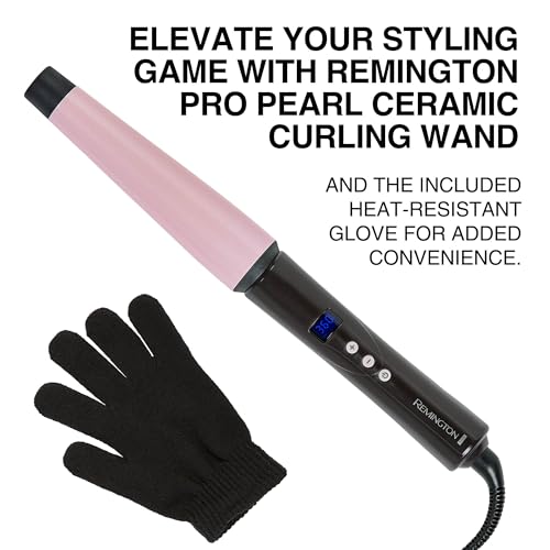 Remington CI9538 Pro 1"-1.5" Pearl Ceramic Conical Curling Wand, Digital Controls + 10 Heat Settings, Black/Pink