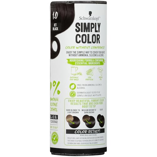 Schwarzkopf Simply Color Hair Color 1.0 Jet Black, 1 Application - Permanent Hair Dye for Healthy Looking Hair without Ammonia or Silicone, Dermatologist Tested, No PPD & PTD