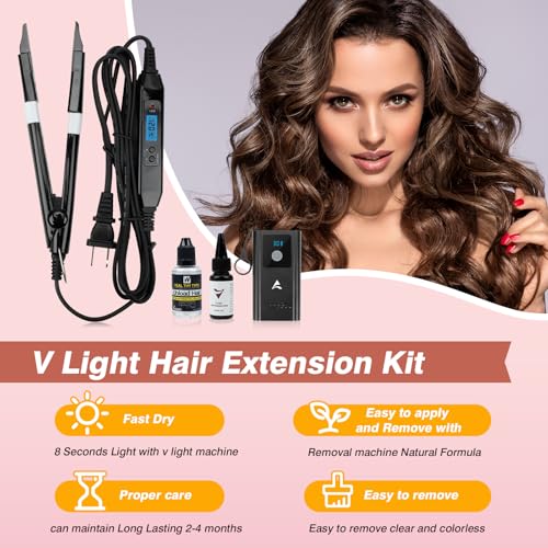 V Light Hair Extensions Kit Professional V Light Hair Extension Set With V Light hair extension machine, UV Light, V-light glue 20G * 4, glue remover 30ml * 2 Hair Extensions Tool Set