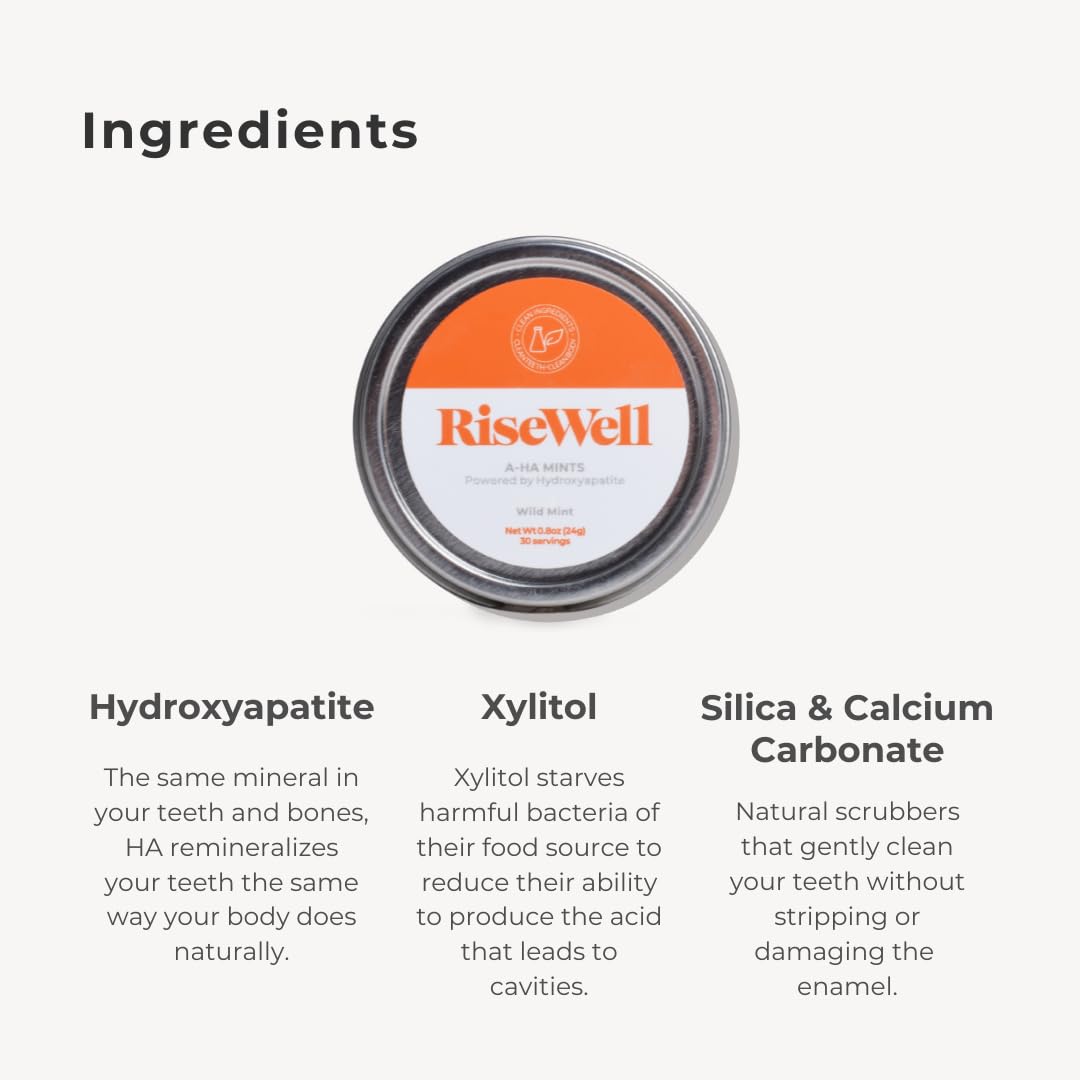 RiseWell a-HA Mint - Xylitol Mints for Dry Mouth - Hydroxyapatite Sugar Free Breath Mints - Promotes Remineralization and Freshens Breath, On-The-Go Oral Mint, 30 Count