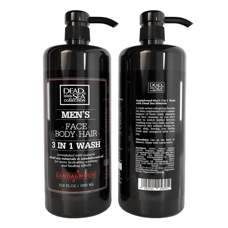 Dead Sea Collection Mens Body Wash 3 in 1 – Sandalwood Body Wash for Men – Shower Gel – Shampoo – Shower Soap for Face and Hair (33.8 Fl. Oz)
