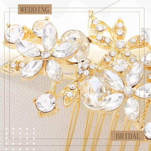 Olbye Rhinestone Crystal Bridal Headpiece - Flower Hair Comb, Clips for Brides, Bridesmaids, and Women (Gold)