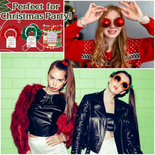Tondiamo 72 Pcs Christmas Bracelets and Scrunchies Christmas Party Favor Gift Red Green Santa Joy Merry Candy Holiday Stackable Stretch Friendship Bracelets and Scrunchies with Gift Cards for Women