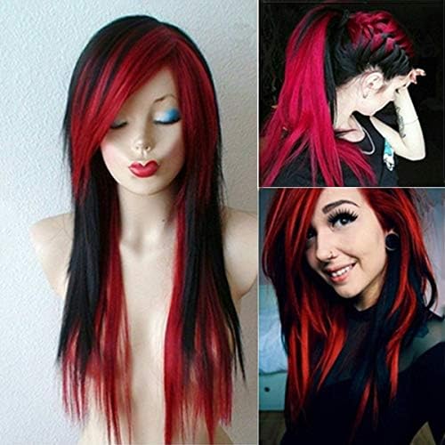 Silky Straight Long Red Black Wig with Side Bangs - Heat Resistant Synthetic Hair for Halloween