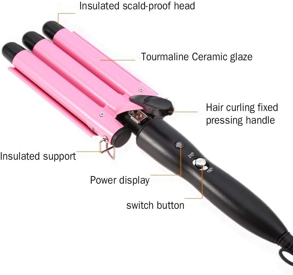 26mm 3-Barrel Curling Iron Wand - Adjustable Temperature Ceramic Hair Waver (Pink)