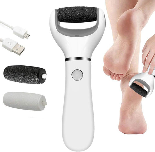 Rechargeable Electric Foot Scrubber & Callus Remover - Pedicure Tool for Cracked Heels, Includes 2 Roller Heads, Blue