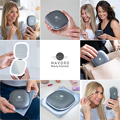 Mavoro LED Lighted Travel Makeup Mirror | 1x/10x Magnification | Rechargeable USB-C | Pocket & Purse Portable Lighted Travel Makeup Compact Mirror, Touch Sensor (Graphite Grey)