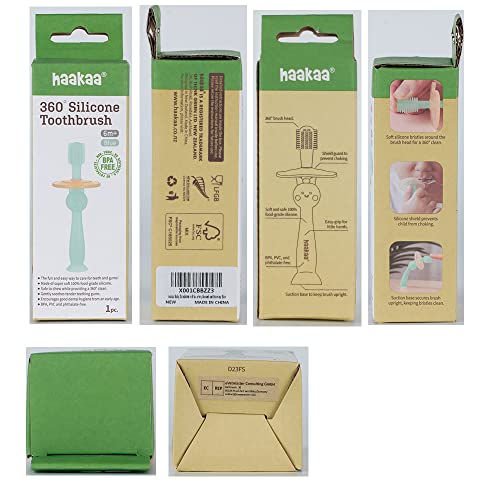 haakaa 360° Baby Toothbrush with Suction Base - Gentle Cleaning for Toddler's Self-Brushing Training, Food-Grade Silicone, Adjustable Safety Shield - Blue (1 Piece)