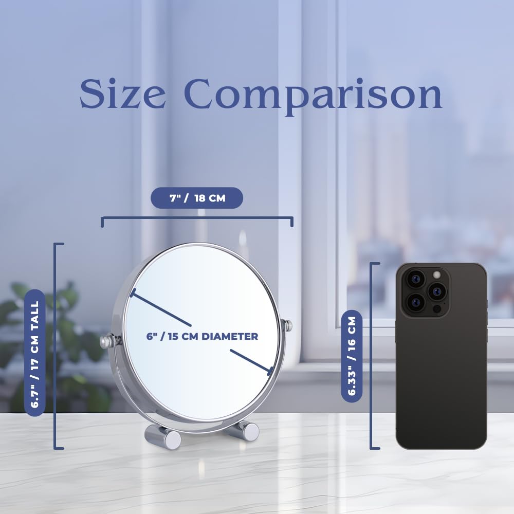 Small 15X Magnifying Tabletop Mirror for Makeup - Double Sided 15x and 1x Portable Make Up Mirror for Desk, Dressing Table and Retail Store - 6" Wide & 6.7" Tall (Chrome)