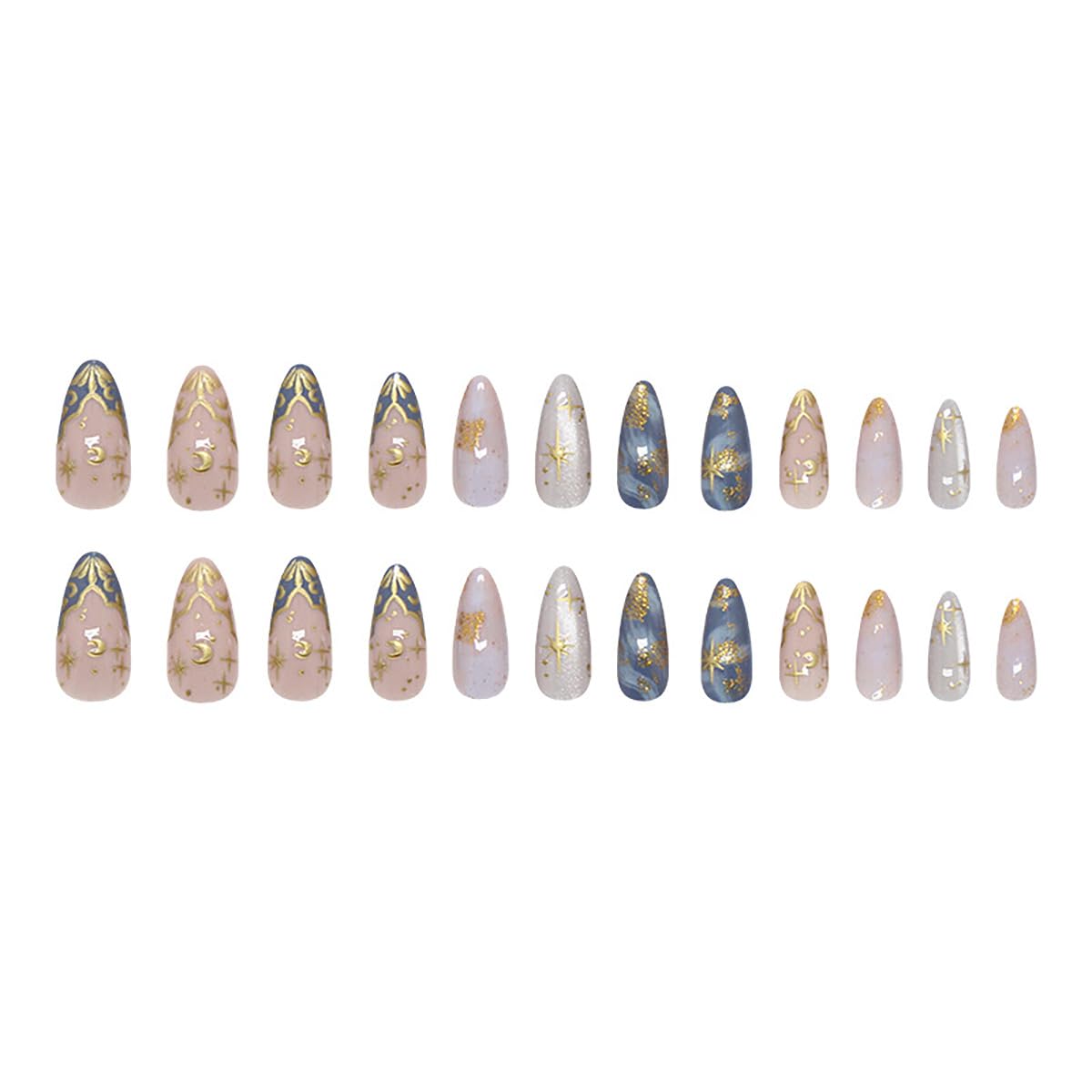 24Pcs Gold Star Press on Nails Medium Almond Fake Nails 3D Gold Chrome Star Moon Glossy Designs Nude Pink Stick on Nails French Tip False Nails Full Cover Acrylic Artificial Nails for Women Girls