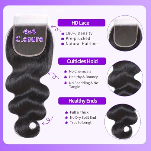 Body Wave Bundles with Closure Human Hair 18 20 22 24 + 16 Inch Brazilian Human Hair 3 Bundles with 4x4 HD Lace Closure Part 12A Grade 100% Unprocessed Virgin Hair