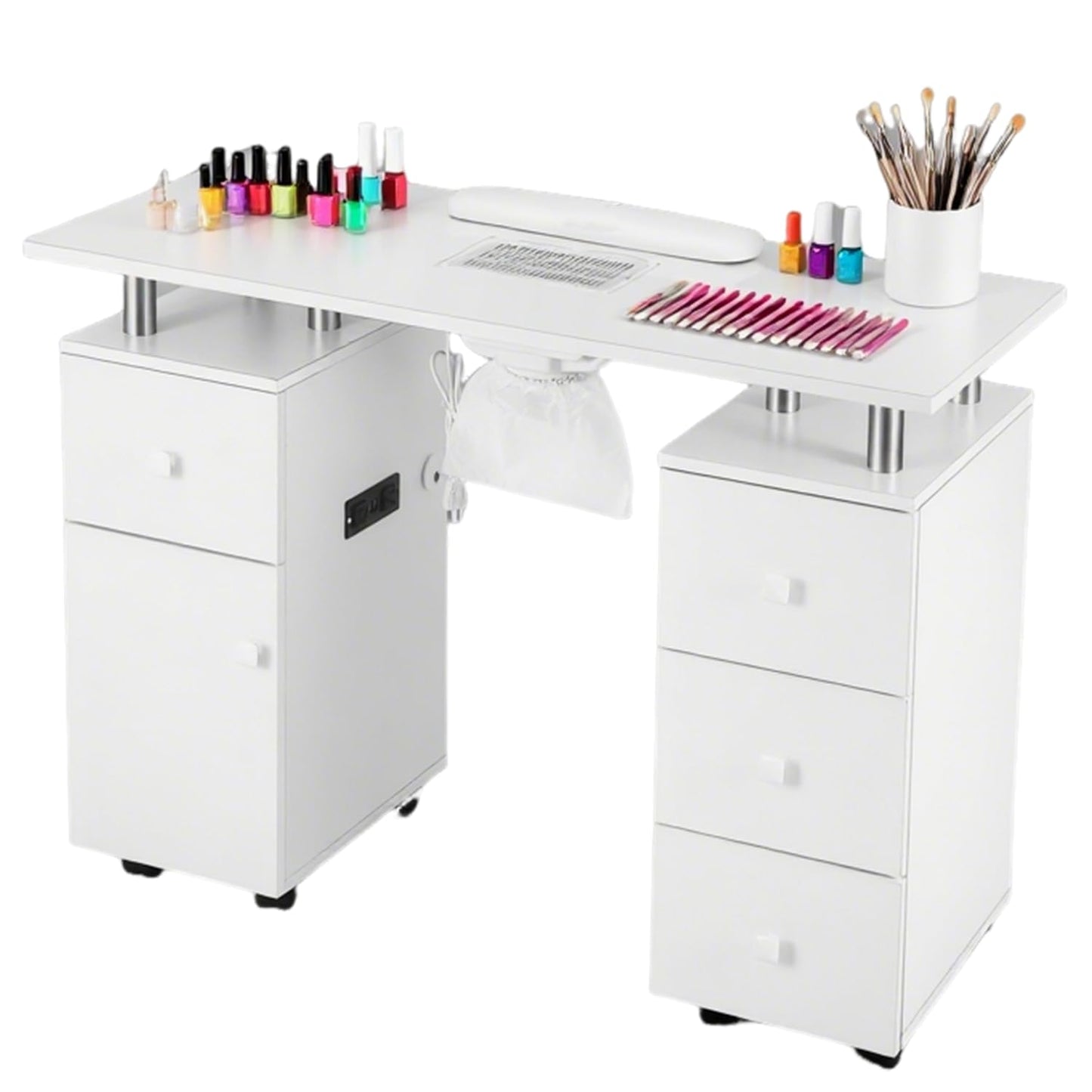 Manicure Table Nail Tech Desk with Electric Dust Collector, Nail Table Station w/Charging Socket, 4 Drawers, Lockable Wheels & 2 Wrist Rests – Professional Nail Station for Salon & Home, Snowy White