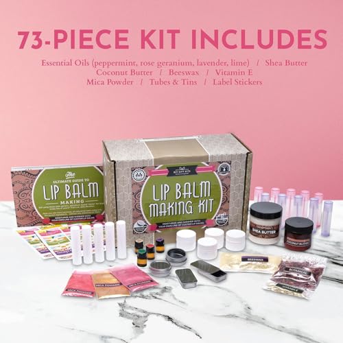 DIY Gift Kits Lip Balm Making Kit - DIY Self-Care Craft Kits - Lip Balm Equipment with Mica & Tubes - DIY Homemade Products with Shea & Coconut Butter - 73-Piece Set, Lime & Rose, Assorted
