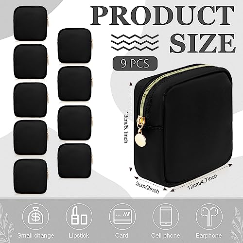 9 Pcs Mini Makeup Bags Bulk Nylon Cosmetic Bags for Purse Travel Bag Pouch Toiletry Organizer Pouches Bag for Women, Small Zipper Pouch Preppy Coin Purse for Custom Birthday Gifts (Black)
