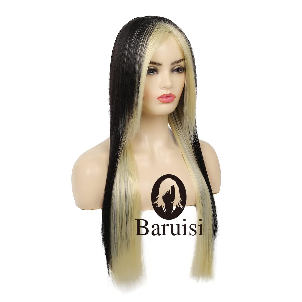 Silky Straight Long Red Black Wig with Side Bangs - Heat Resistant Synthetic Hair for Halloween
