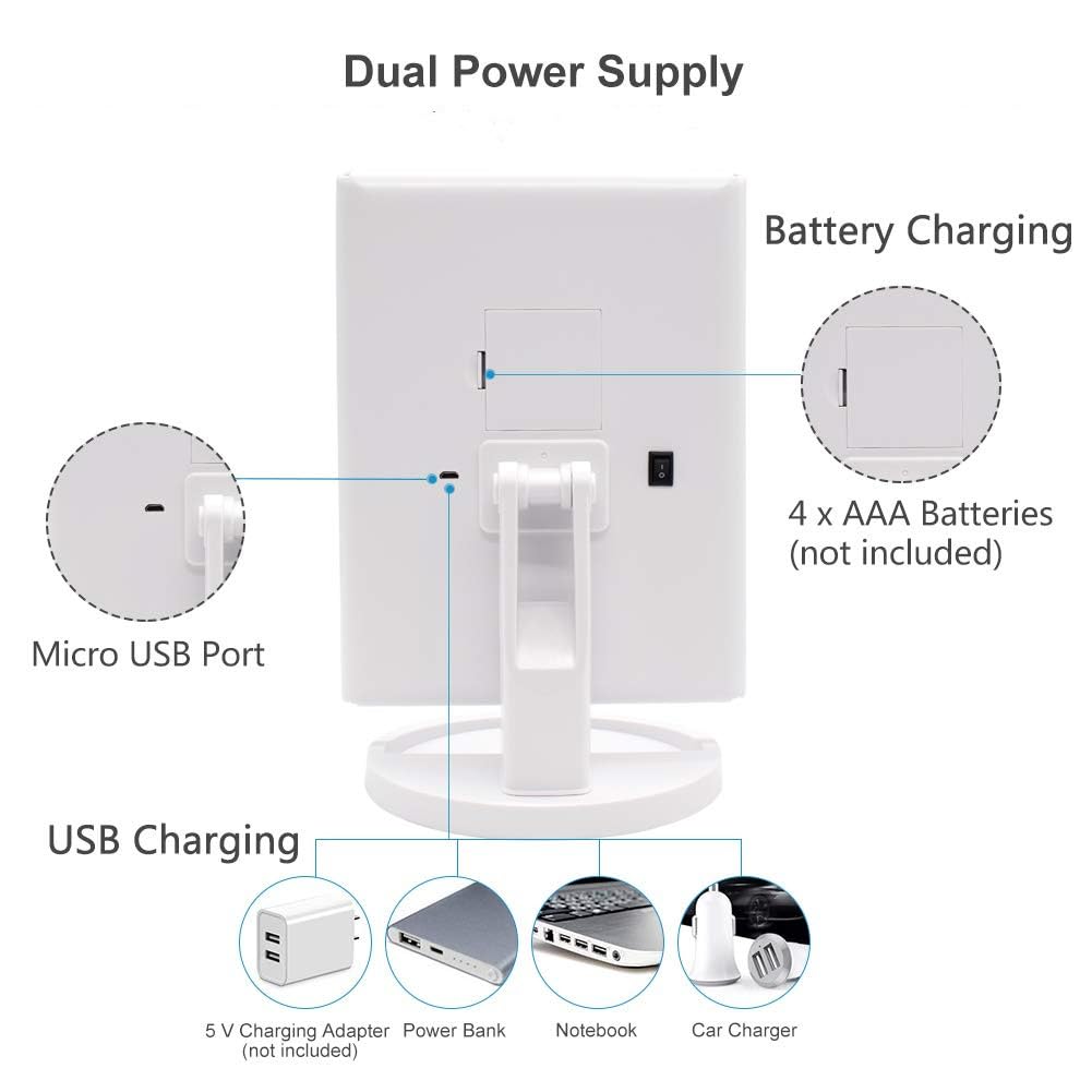 Flymiro Tri-fold Lighted Vanity Makeup Mirror with 3x/2x Magnification,21 LEDs Light and Touch Screen,180 Degree Free Rotation Countertop Cosmetic Mirror,Travel (White)