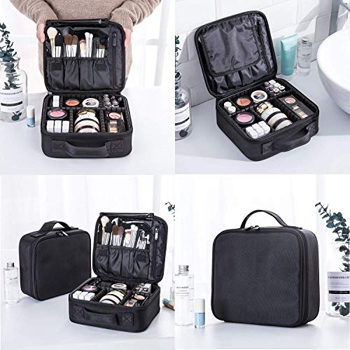 Travel Makeup Case, Cosmetic Train Case Organizer Portable Artist Storage Makeup Bag with Adjustable Dividers for Cosmetics Makeup Brushes Toiletry Jewelry Digital Accessories - Black