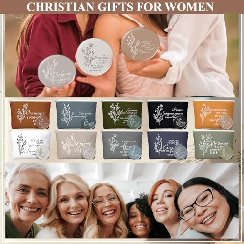 Kacctyen 10 Sets Pastor Appreciation Gifts Bulk Spanish Christian Gifts for Women Regalos Cristianos para Mujer Religious Canvas Makeup Bags with Bible Verse Compact Mirrors (Boho Color)