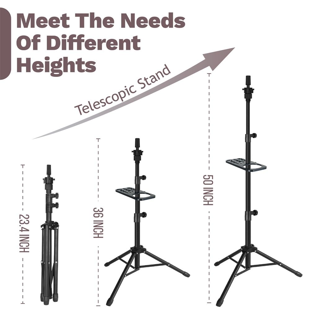 ZQIAN BEAUTY 50 Inch Metal Wig Stand, Adjustable Wig Head Stand, Mannequin Head Stand for Cosmetology Hairdressing, Wig Stand Tripod with Tool Tray (Black, Mannequin Head Not Included)