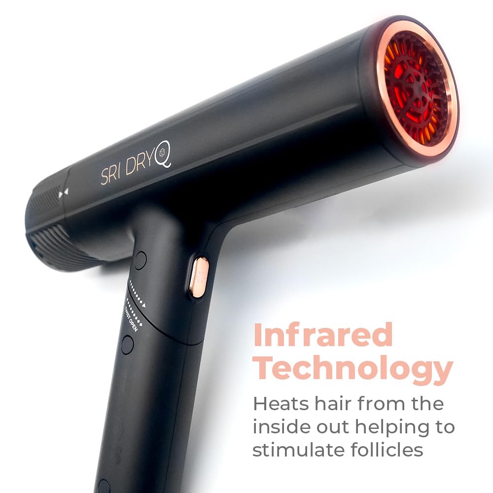 Skin Research Institute DryQ “Smart” Hair Dryer - Super Lightweight, Foldable - Powerful, Quiet Motor - Infrared and Ionic Technology - 3 Magnetic Attachments - Heat Control with Locking Switch